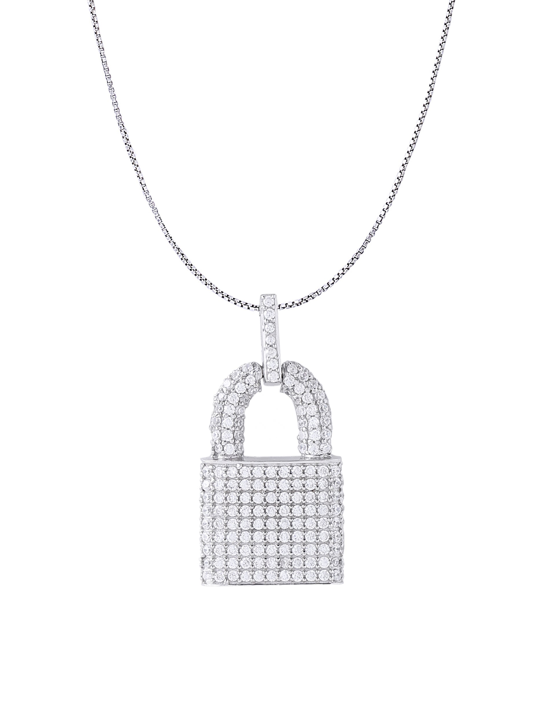 White Gold Color Lock Pendant Made of 925 Sterling Silver Material with 20 Inch Long Silver Chain