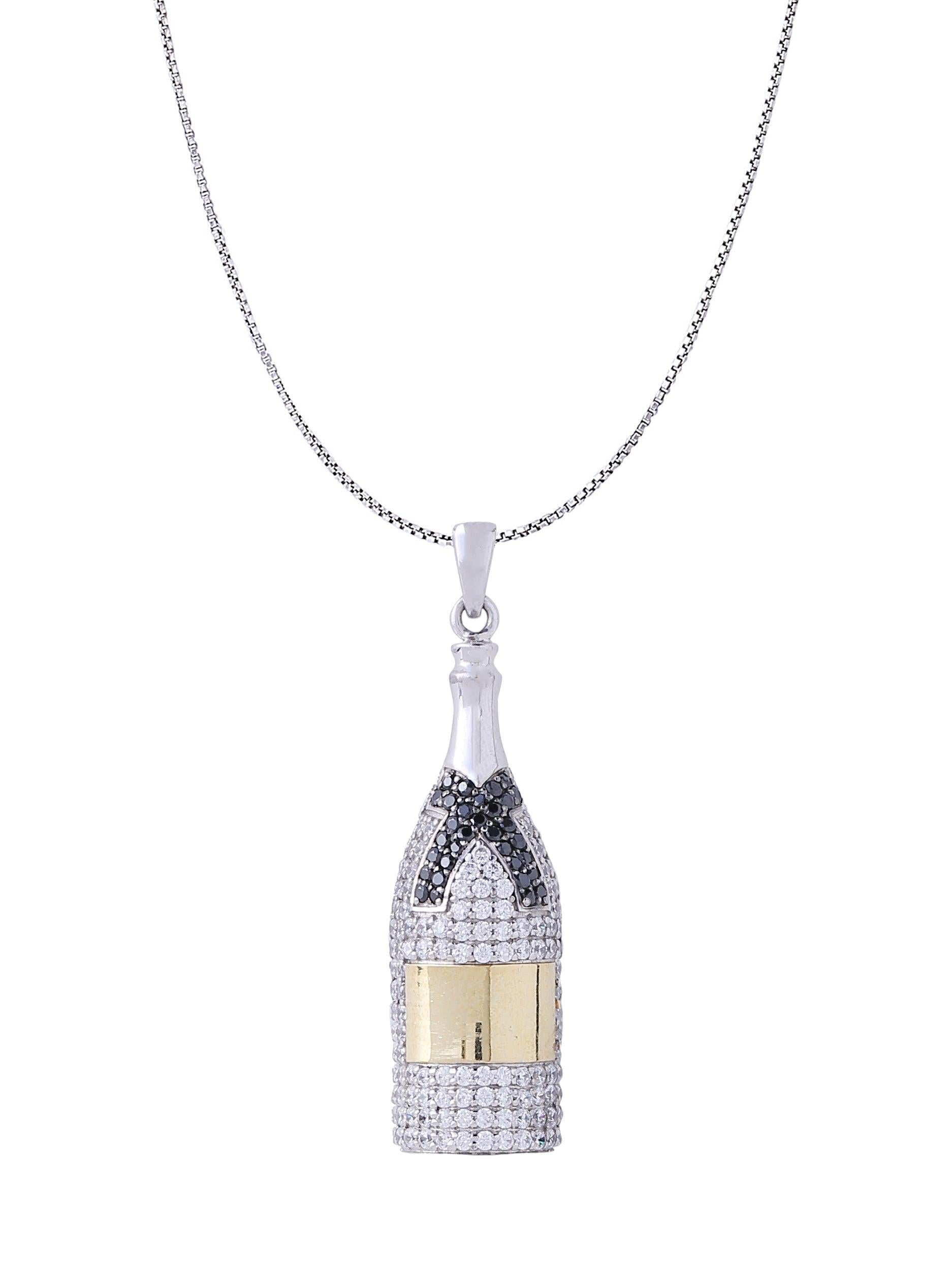 White Gold Color Champagne Pendant Made of 925 Sterling Silver Material with 20 Inch Long Silver Chain