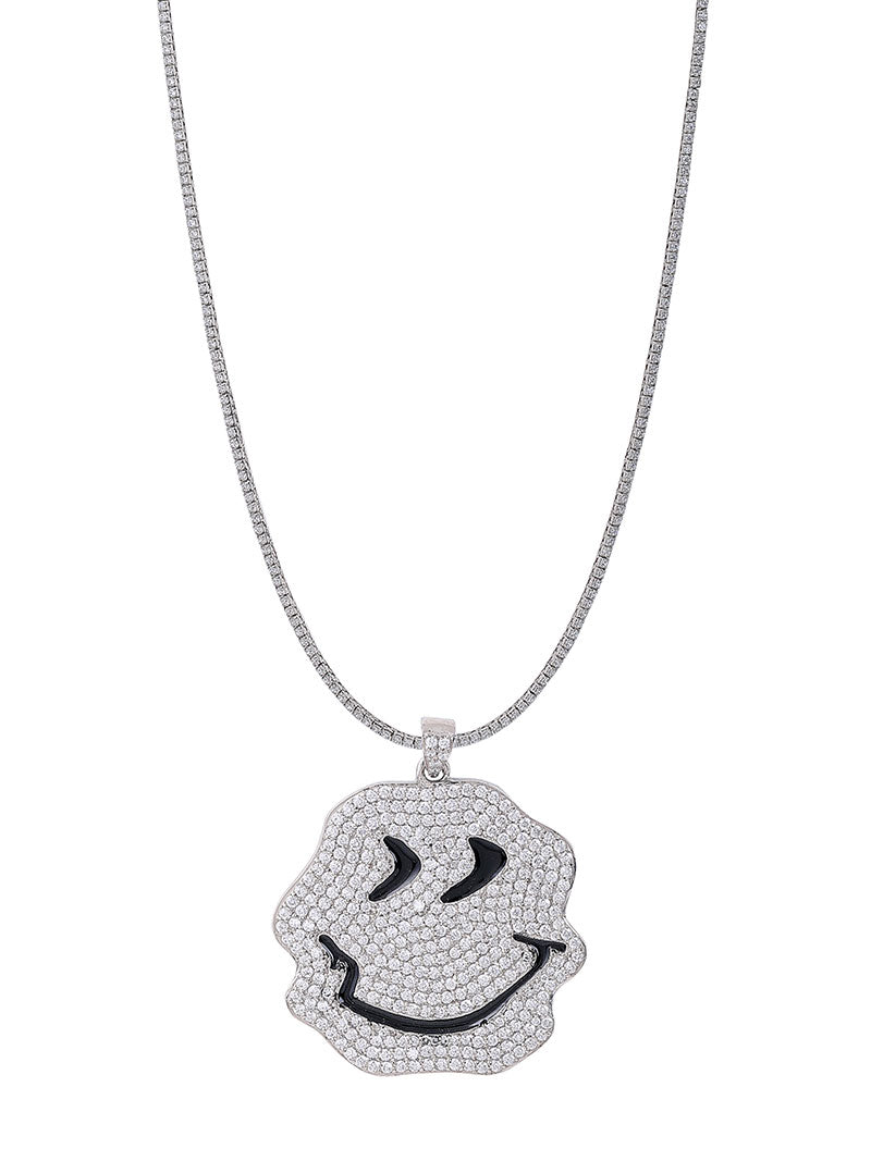 White Gold Color Trippy Smiley Pendant Made of 925 Sterling Silver Material with 20 Inch Long Silver Chain
