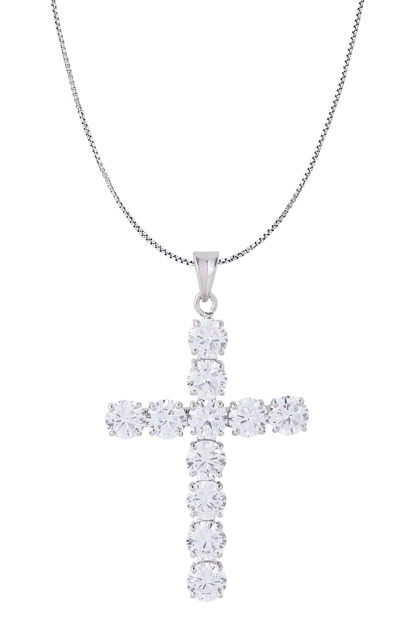 White Gold Color Classic Cross Pendant Made of 925 Sterling Silver Material with 20 Inch Long Silver Chain