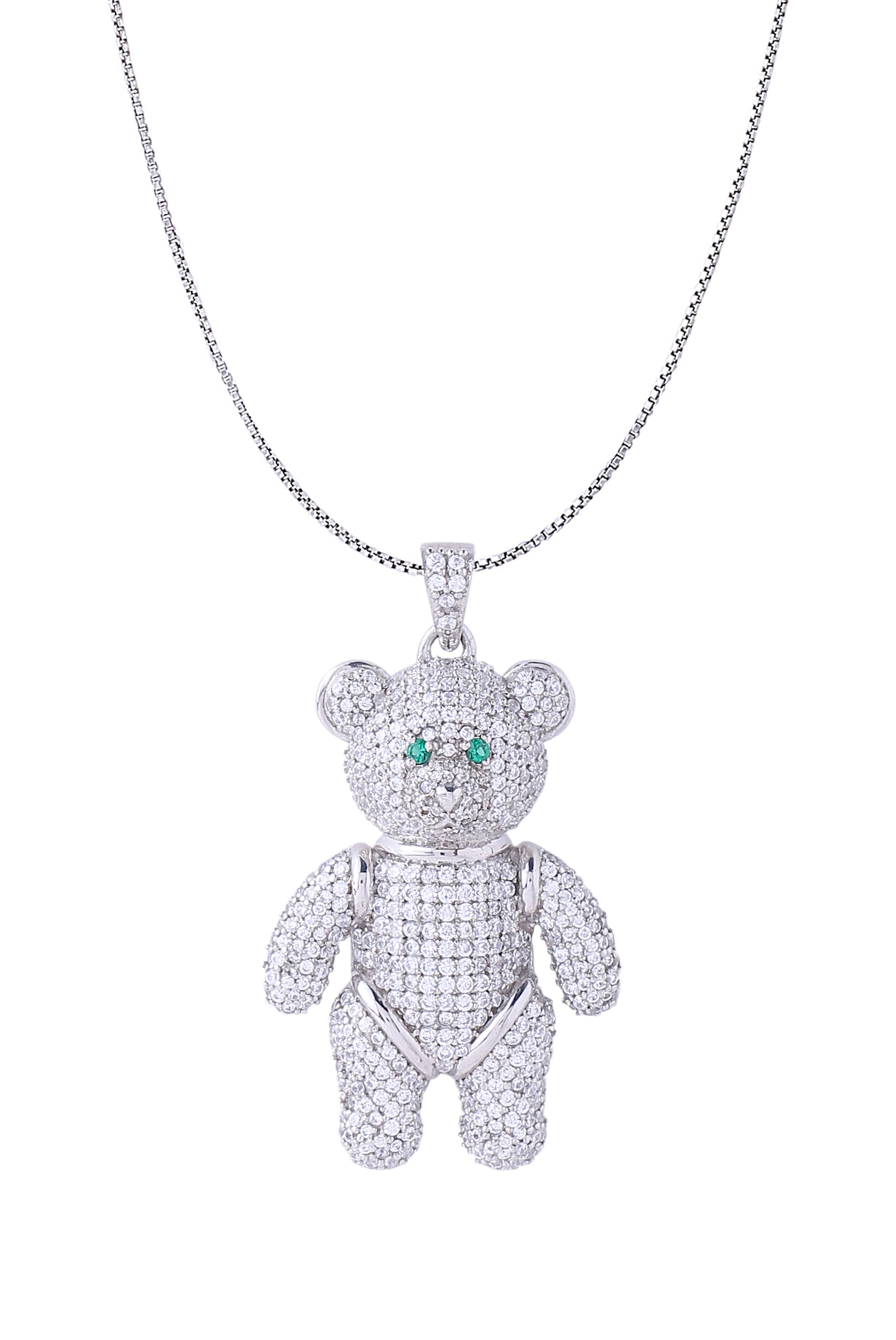 White Gold Color Teddy Pendant Made of 925 Sterling Silver Material with 20 Inch Long Silver Chain