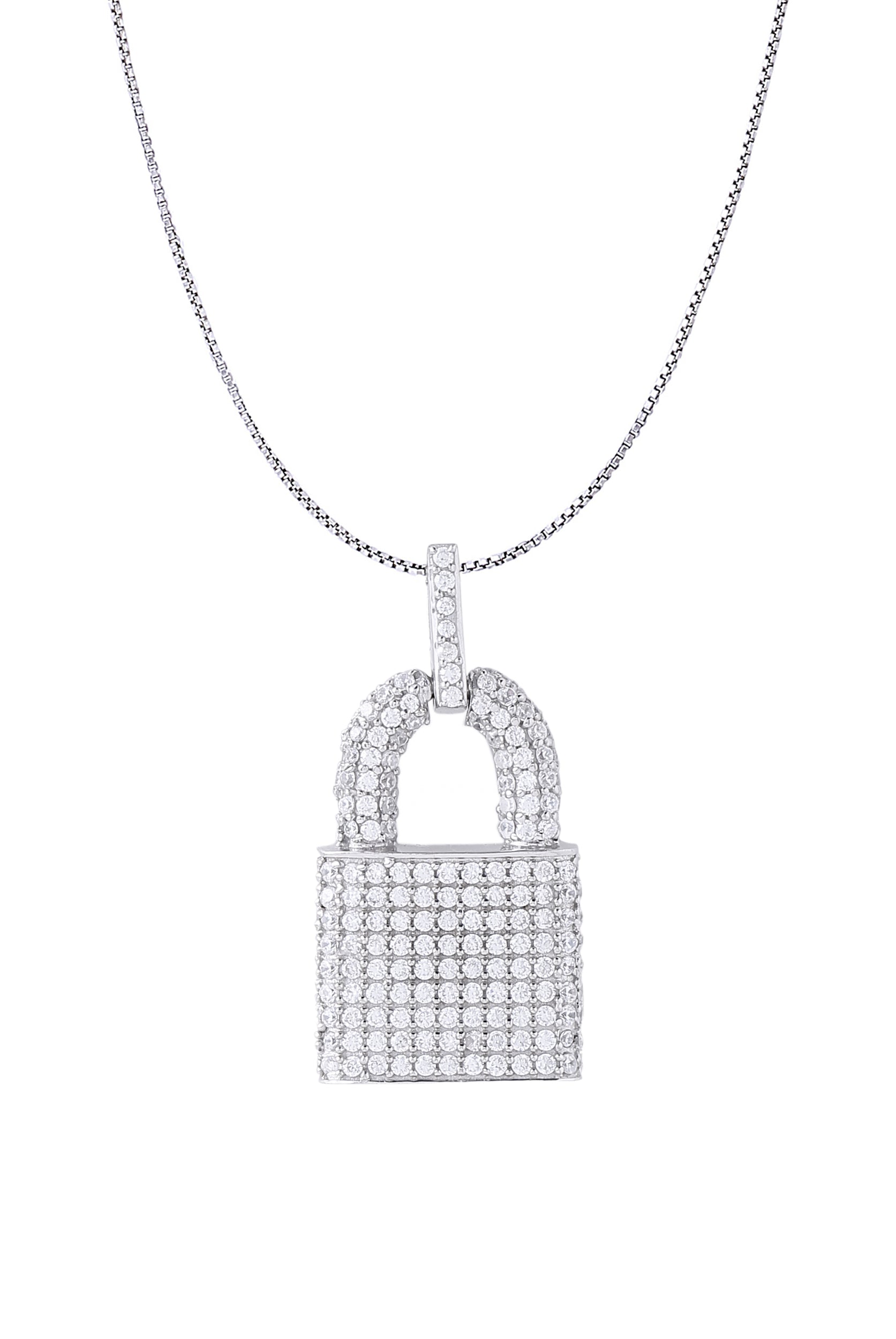 White Gold Color Lock Pendant Made of 925 Sterling Silver Material with 20 Inch Long Silver Chain