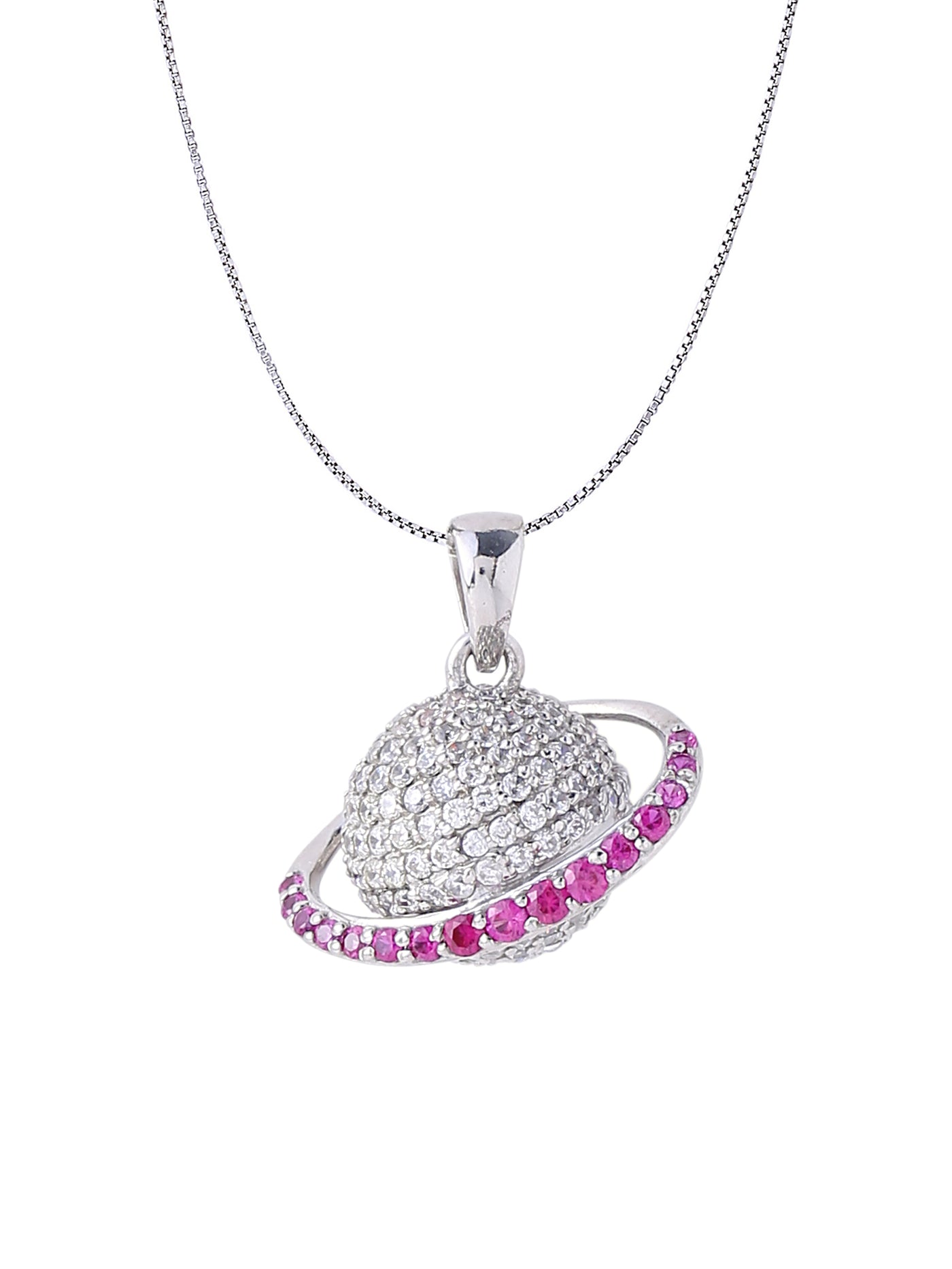White Gold Color Saturn Pendant Made of 925 Sterling Silver Material with 20 Inch Long Silver Chain
