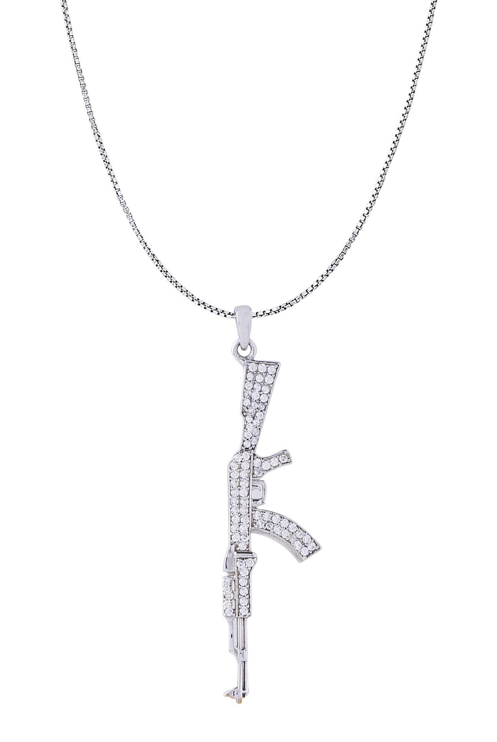 Ak47 Pendant is a White Gold Color Pendant Made of 925 Sterling Silver Material with 20 Inch Long Silver Chain