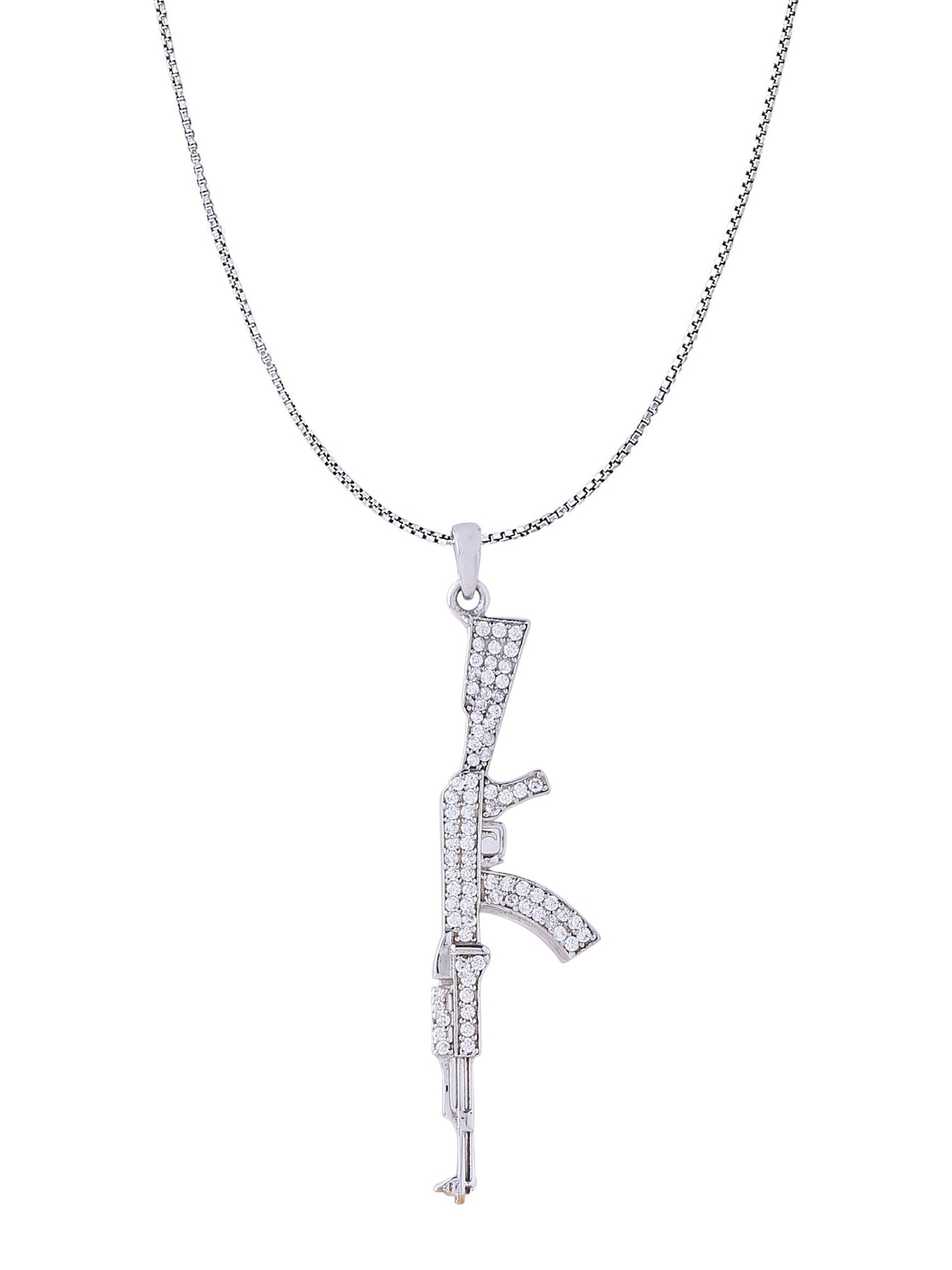 Ak47 Pendant is a White Gold Color Pendant Made of 925 Sterling Silver Material with 20 Inch Long Silver Chain