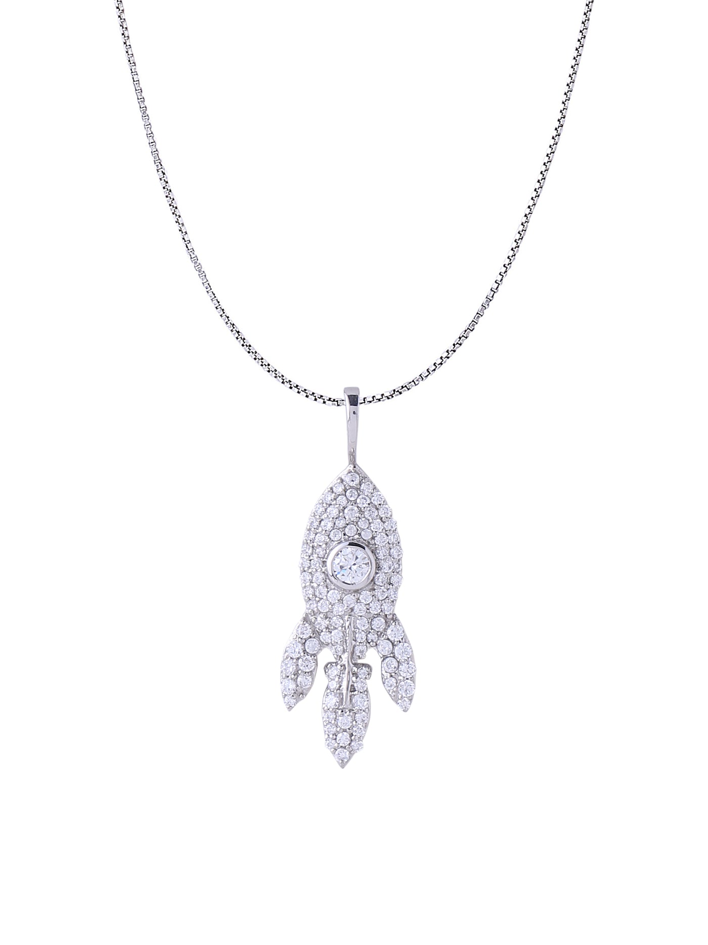 White Gold Color Rocket Pendant Made of 925 Sterling Silver Material with 20 Inch Long Chain