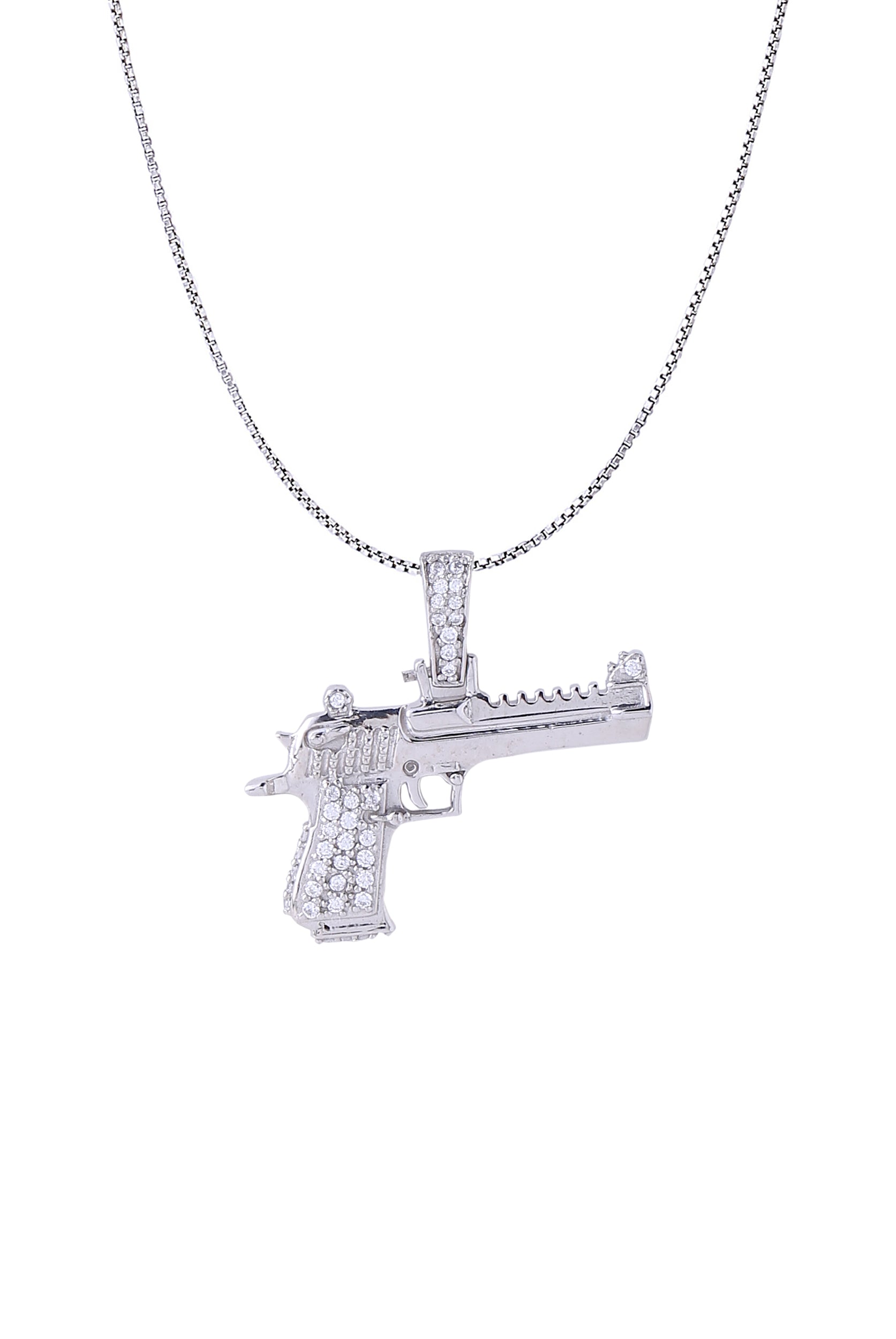 White Gold Color Glock Pistol Pendant Made of 925 Sterling Silver Material with 20 Inch Long Silver Chain