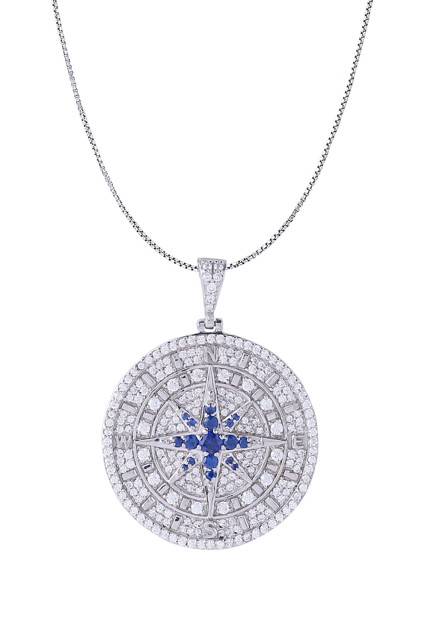 White Gold Color Compass Pendant Made of 925 Sterling Silver Material with 20 Inch Long Silver Chain