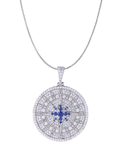 White Gold Color Compass Pendant Made of 925 Sterling Silver Material with 20 Inch Long Silver Chain
