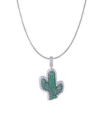 White Gold Color Cactus Pendant Made of 925 Sterling Silver Material with 20 Inch Long Silver Chain