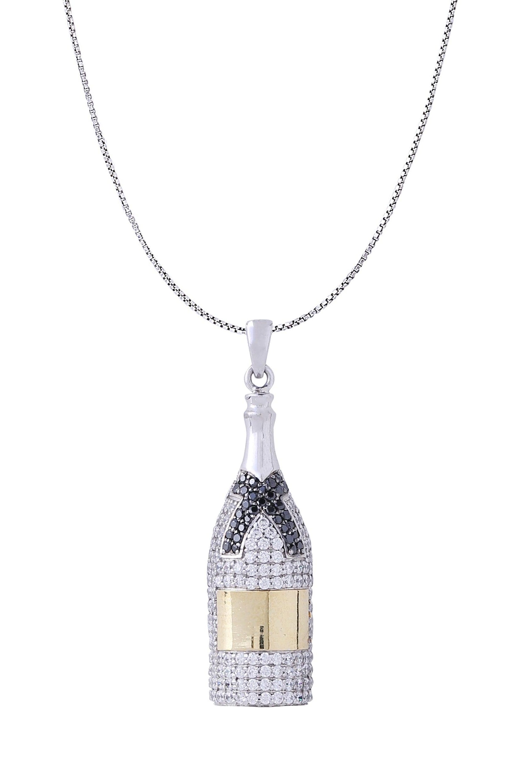 White Gold Color Champagne Pendant Made of 925 Sterling Silver Material with 20 Inch Long Silver Chain