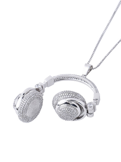 White Gold Color Headphone Pendant Made of 925 Sterling Silver Material with 20 Inch Long Silver Chain