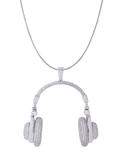 White Gold Color Headphone Pendant Made of 925 Sterling Silver Material with 20 Inch Long Silver Chain