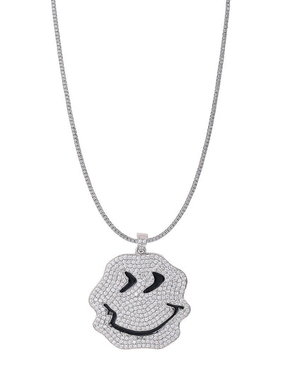 White Gold Color Trippy Smiley Pendant Made of 925 Sterling Silver Material with 20 Inch Long Silver Chain