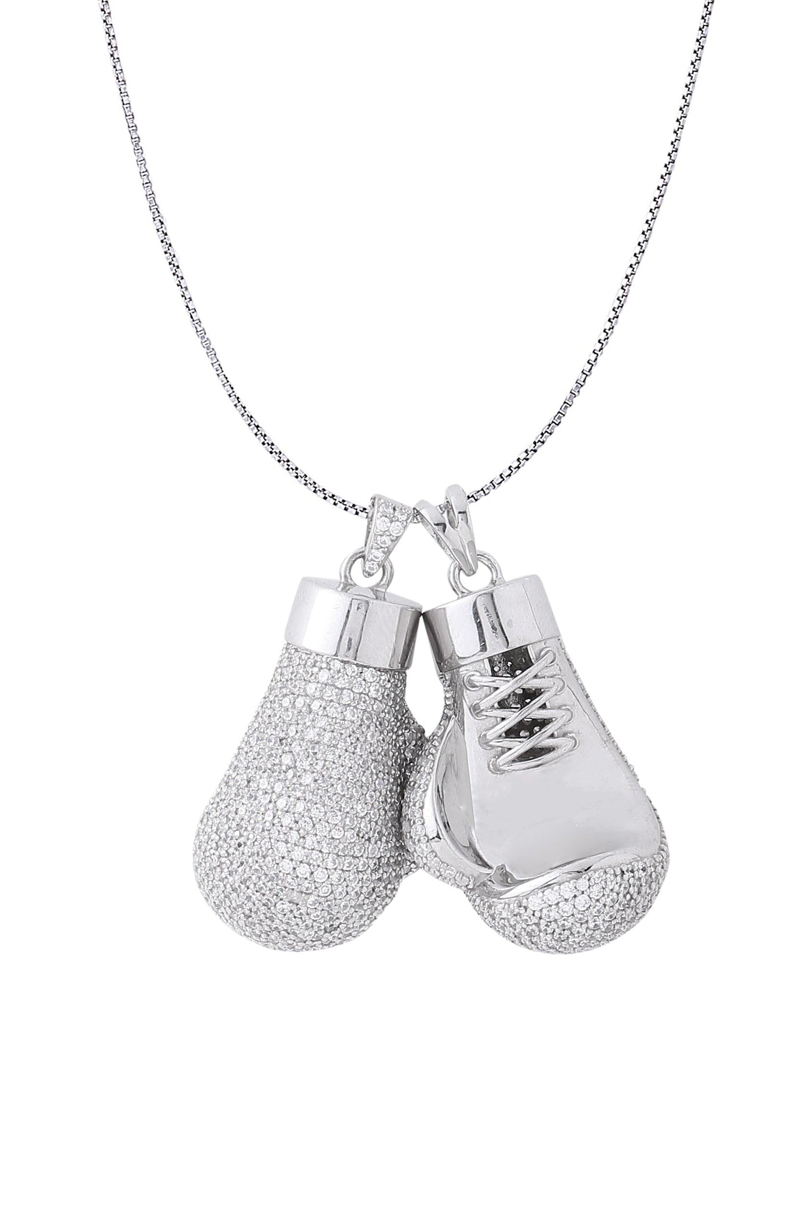White Gold Color Boxing Gloves Pendant Made of 925 Sterling Silver Material with 20 Inch Long Silver Chain