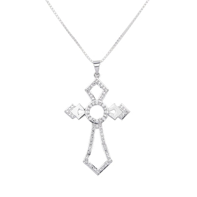 White Gold Color Hollow Cross Pendant Made of 925 Sterling Silver Material with 20 Inch Long Silver Chain