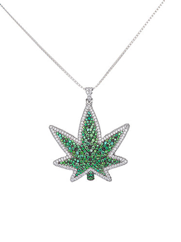 White Gold and Green Color Marijuana Pendant Made of 925 Sterling Silver Material with 20 Inch Long Silver Chain