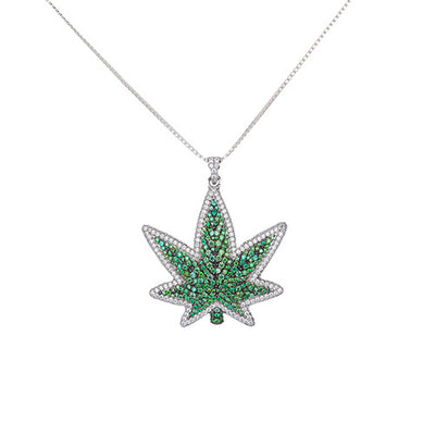 White Gold and Green Color Marijuana Pendant Made of 925 Sterling Silver Material with 20 Inch Long Silver Chain